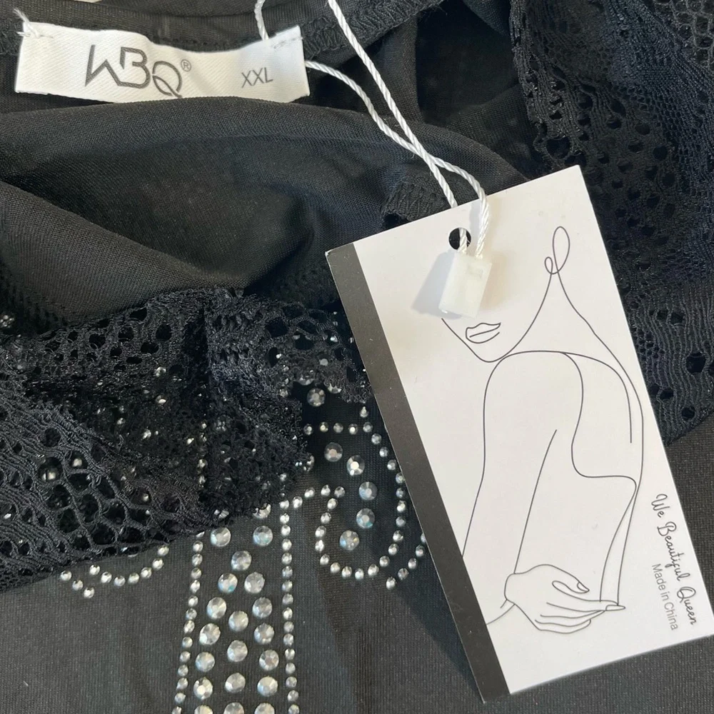 WBQ Black Stretchy Lace Halter Rhinestone Cross Gothic Sleeveless Top SzXXL - Picture 2 of 12
